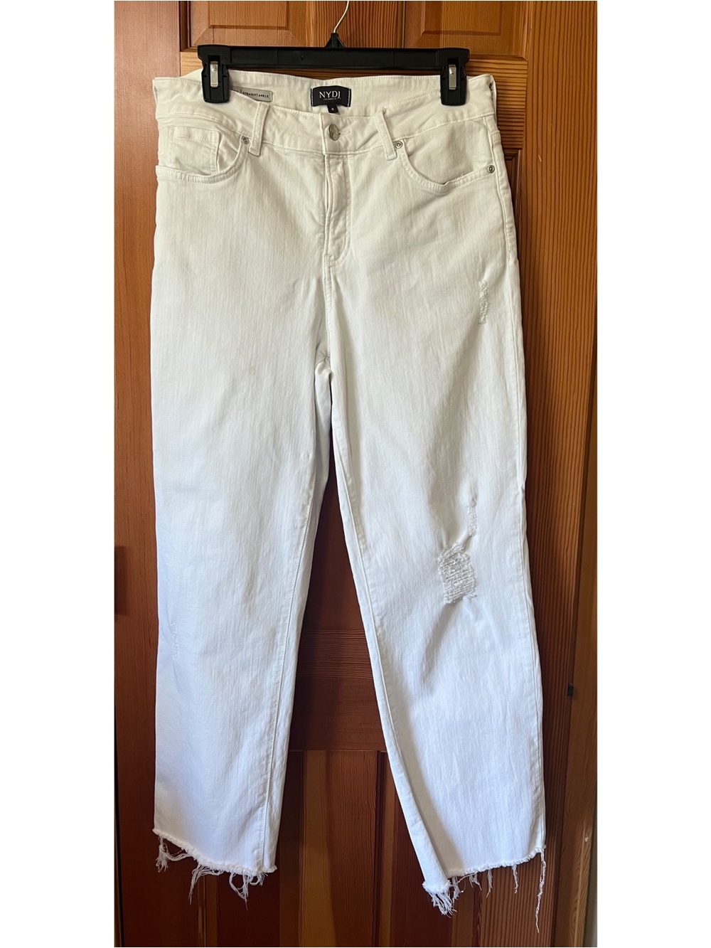 NYDJ White Straight Leg High-Rise Jeans with Distressed Hem